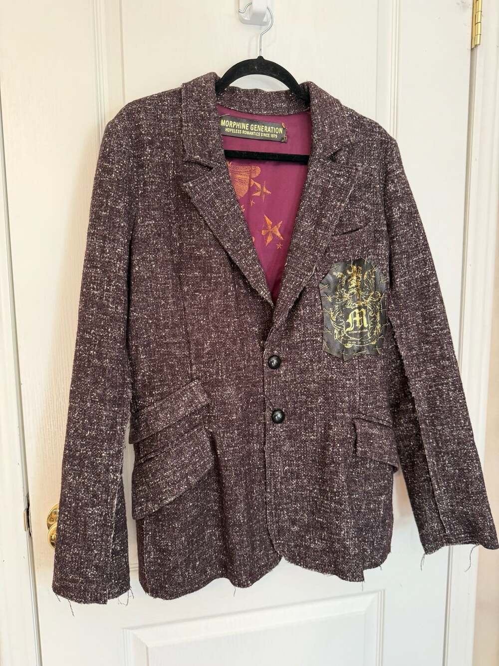 Morphine Generation Tweed Blazer Size M Purple Lined Crest Patch Jacket